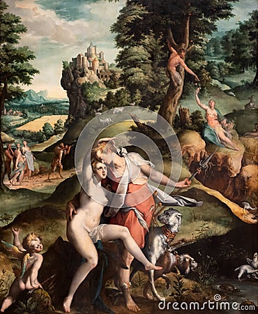 Venus and Adonis, 1587 painting by Bartholomeus Spranger Editorial Stock Photo